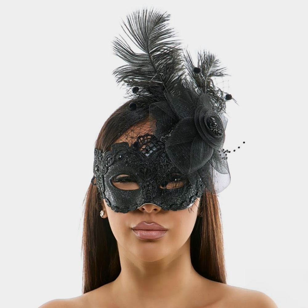 Black Flower Feather Lace Half Face Mask Masquerade Headpiece Gothic EyeMask